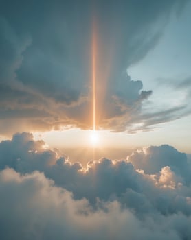 Glowing sunbeam breaks through stormy clouds during a dramatic sky transition at sunset photo