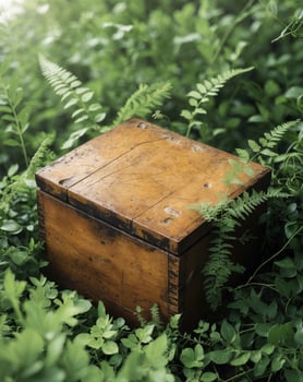 An old wooden box is sitting in the middle of some green plants photo