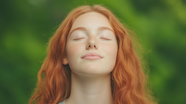 Close Up of Serene Young Woman with Red Hair Breathing Deeply Outdoors in Lush Green Setting in Summer for Calm and Relaxation Concept in Portrait Photography photo