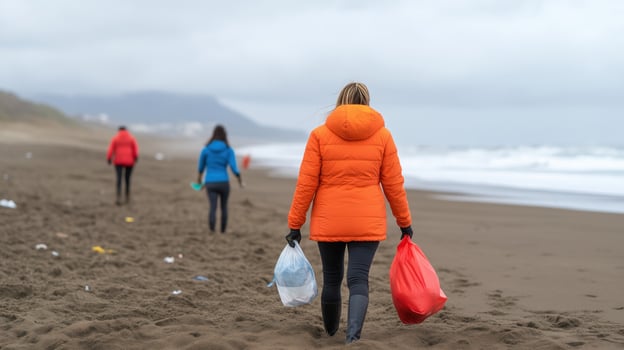 Ocean Conservation Volunteers Collecting Plastic Waste on Beach in Winter, Promoting Environmental Sustainability and Awareness, with Overcast Skies and Teamwork Focused on Coastal Cleanup photo