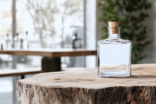 Sustainable design artisan crafted bottle mockup on wooden table with earthy tones photo