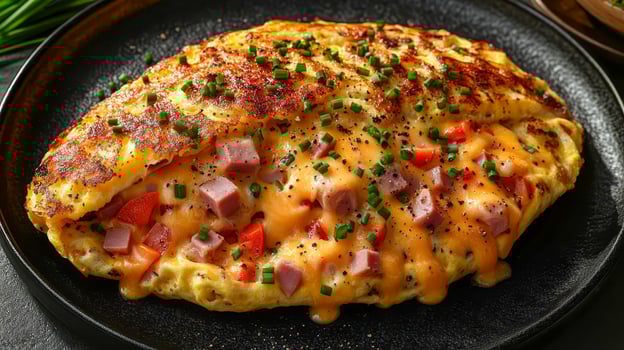 Classic American omelet with ham, bell peppers and processed cheese photo