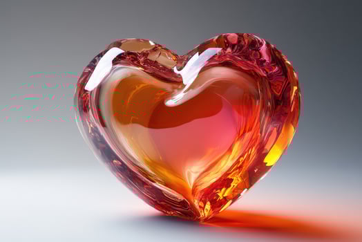 Glowing red and orange glass heart shining on gray background photo