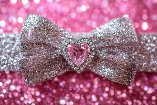 Glittering silver bow with pink heart-shaped gem on sparkling pink background photo