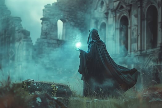 A man in a cloak is standing in front of a castle photo
