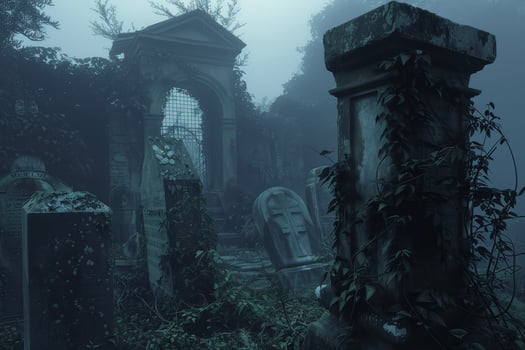 An old graveyard with tombstones and trees photo