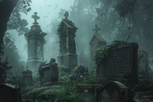 A cemetery with tombstones and trees in the fog photo