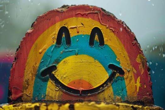 Rainbow smiley face on a wooden pole photo