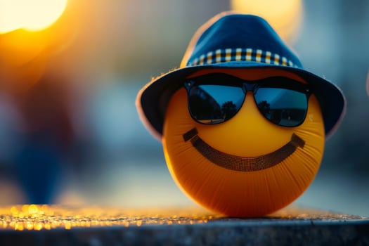 A smiling orange ball with sunglasses and a hat photo