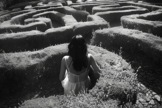 A woman is walking through a maze in black and white photo
