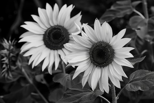 Two sunflowers in black and white photo