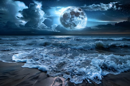 A full moon over the ocean at night photo