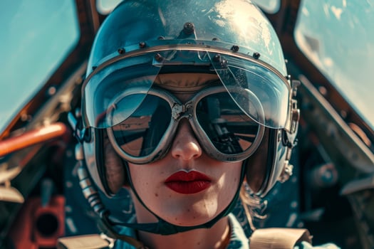 A woman in a pilot's helmet and sunglasses photo