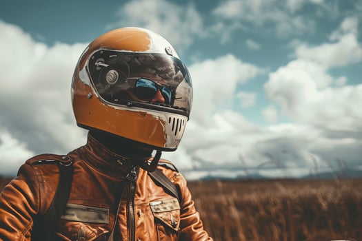 A person wearing a helmet and riding a motorcycle photo
