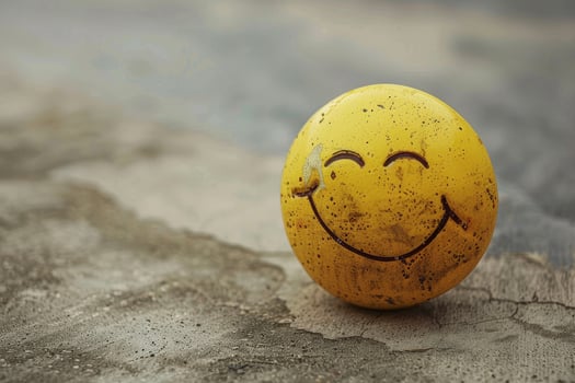 A yellow smiley face on a concrete floor photo