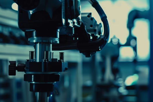 A robotic arm is in the middle of a factory photo