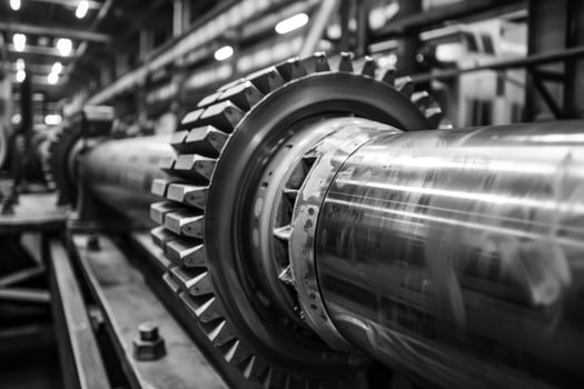 Black and white photo of a machine in a factory