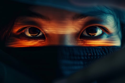 A woman with glowing eyes is seen in the dark photo