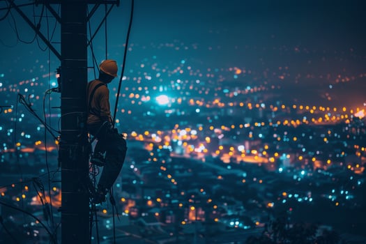A man is sitting on top of a power pole at night photo