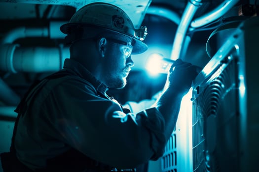 A man in a hard hat and safety vest is working on a machine photo