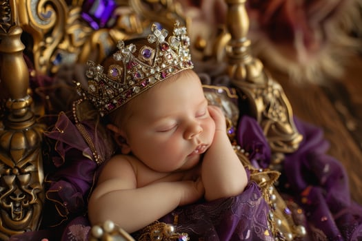 A baby sleeping in a purple dress with a crown on photo