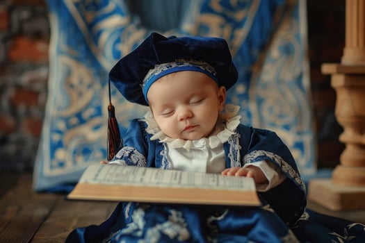 A baby in a blue robe and hat reading a book photo