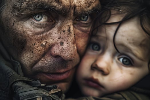 A man and a child are holding each other photo