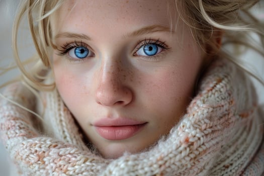 A beautiful blonde woman with freckles and blue eyes photo