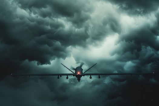 A military plane flying through a stormy sky photo