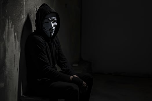 A man wearing a mask sits on a wall photo