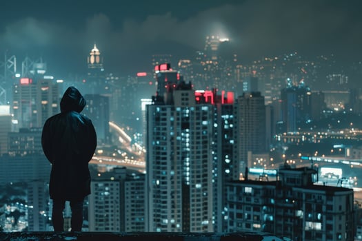 A man standing on a ledge overlooking the city at night photo