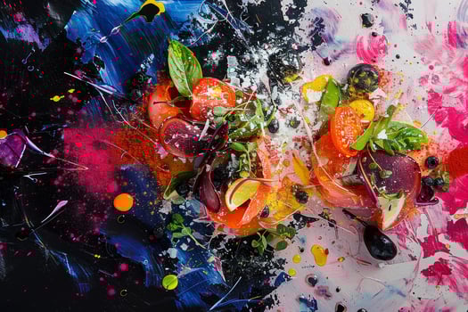A colorful plate of food with a splash of paint on it photo