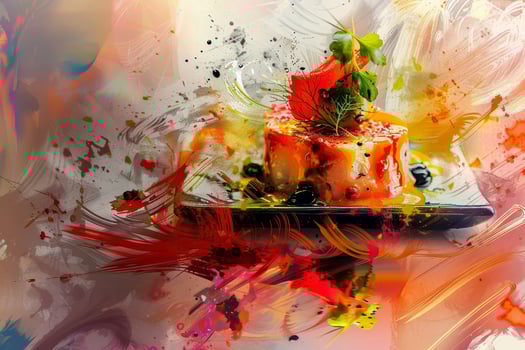 A colorful painting of a dessert with a strawberry on top photo