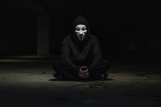 A man in a black hoodie with a fake smiley face mask on his face sits on the gro photo