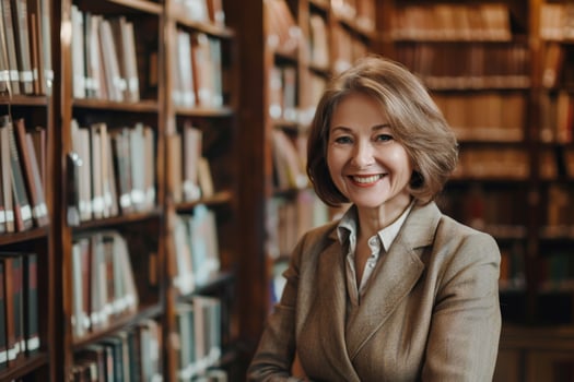 A woman in a library with bookshelves photo