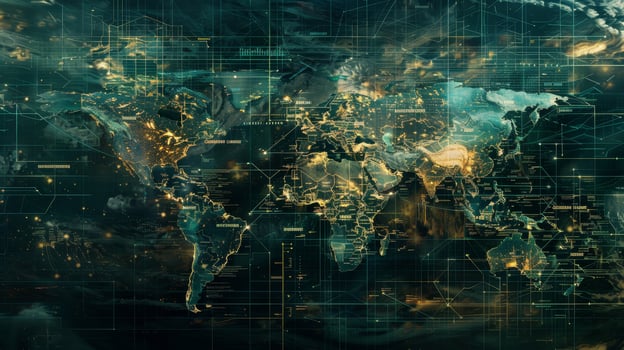 World map with glowing lights and lines photo