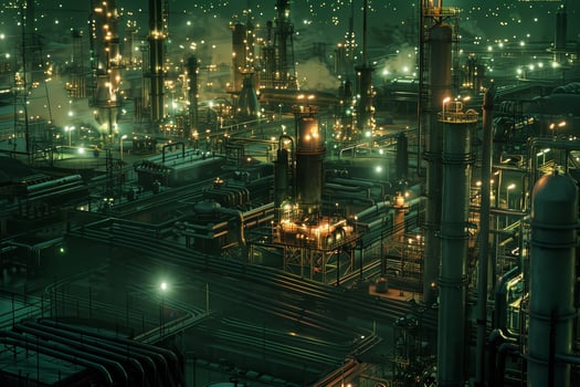 A cityscape with many industrial buildings lit up at night photo