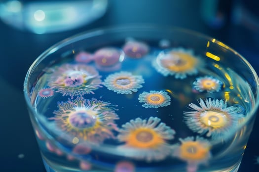 A glass of water with some colorful flowers in it photo