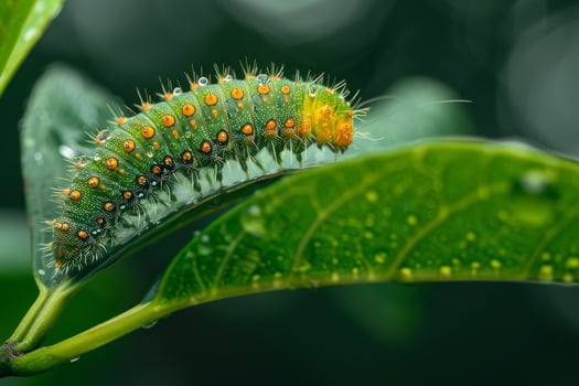 A caterpillar on a leaf with water droplets photo