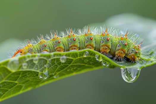 A caterpillar is sitting on a leaf with water droplets photo