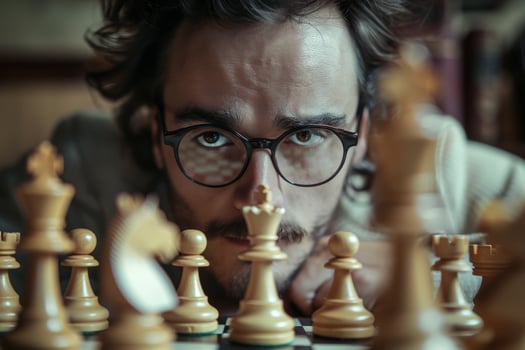 A man with glasses and a beard is playing chess photo