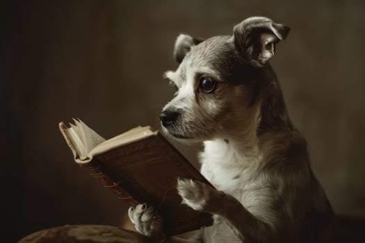 A dog is reading a book on a couch photo