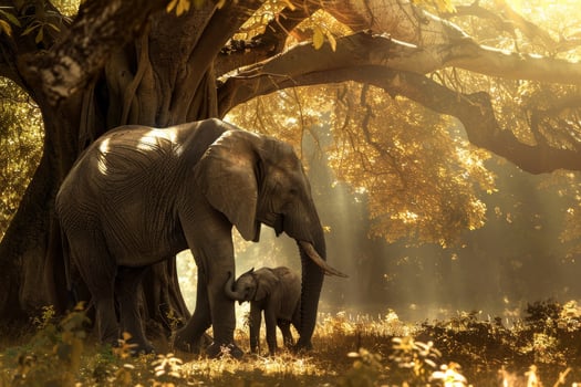 A mother elephant and her baby are standing under a tree photo