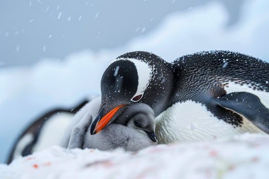 A baby penguin is sleeping on top of its mother photo