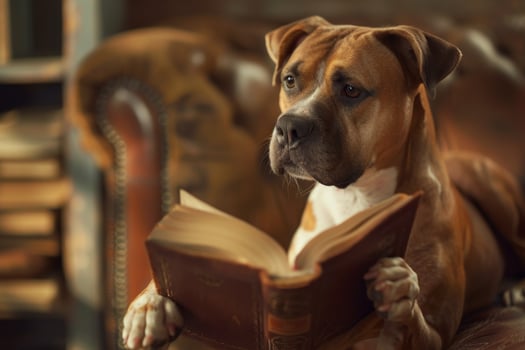 A dog is reading a book on a couch photo