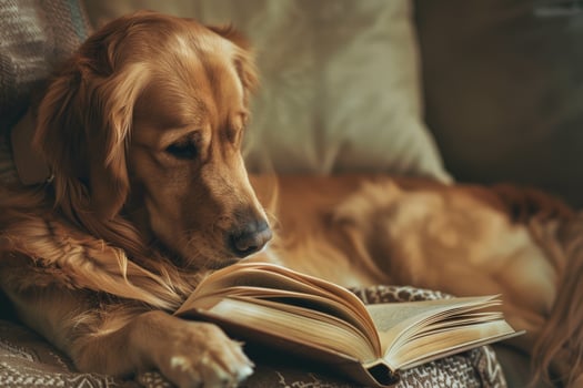 A dog is reading a book on a couch photo