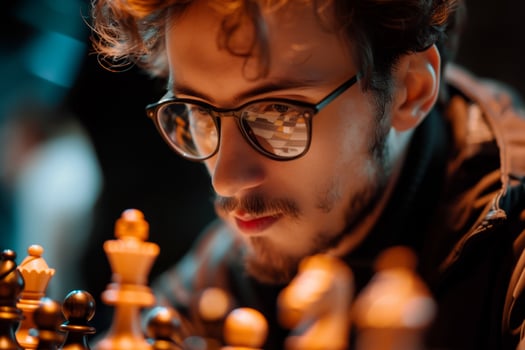 A man wearing glasses is playing chess photo