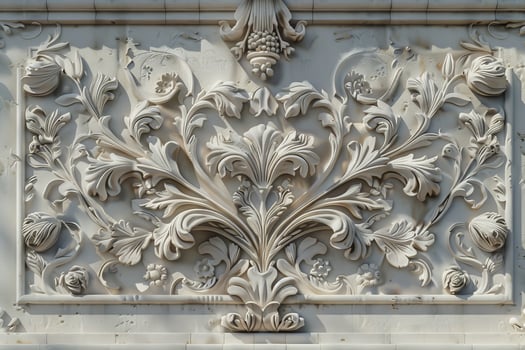 An ornate white marble panel with flowers and leaves photo