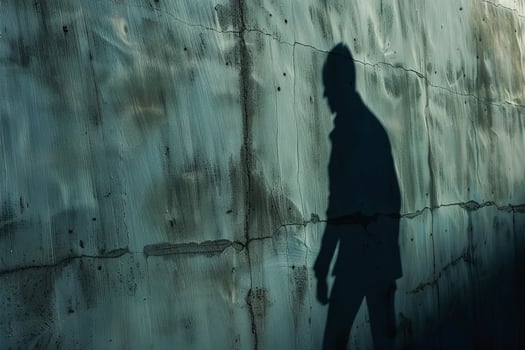 A man is walking in front of a wall, casting a shadow on the wall photo