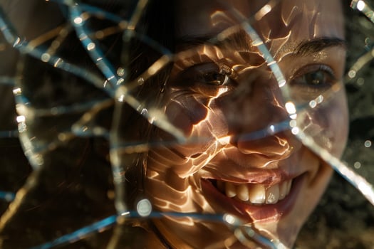 A woman with a smile on her face is reflected in a broken mirror photo